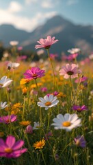 Obraz premium Colorful wildflowers blooming in a sunlit alpine meadow with majestic mountains in the background, creating a peaceful summer landscape filled with natural beauty.