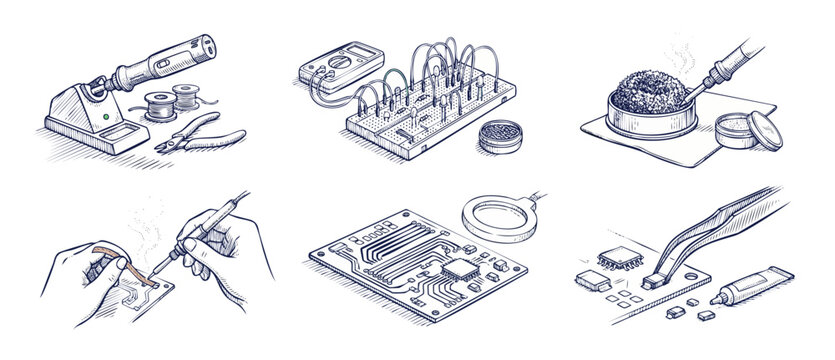 Soldering electronics DIY repair tool set of line art illustrations featuring circuit boards, soldering iron, breadboard, multimeter, and hand soldering components. Hand drawn technical sketch style.