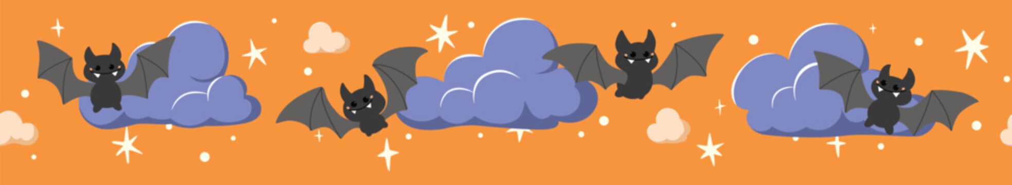 Seamless border with cute bats, clouds, and stars. Halloween decorative border on orange background. Festive border pattern with traditional cartoon bats.