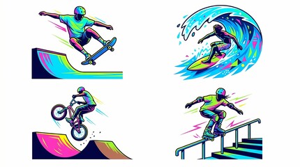 Fototapeta premium Extreme athletes demonstrate their skills through skateboarding, surfing, and cycling activities rendered in a vibrant, neon-colored artistic style that emphasizes movement and dynamic energy.