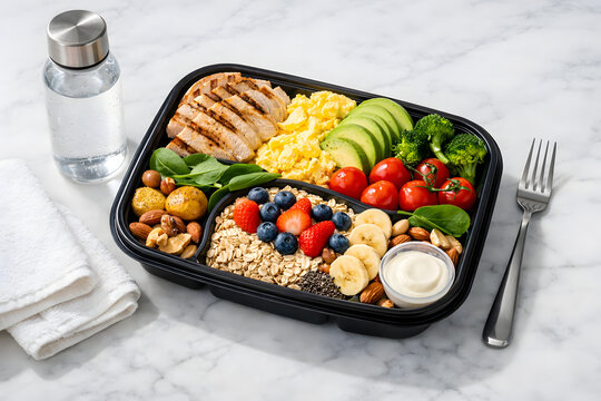 High‑Protein Bodybuilding Breakfast Meal Prep Box &mdash; Healthy Fitness Food Photography