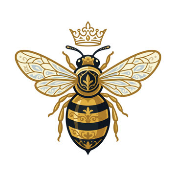 Royal honey bee illustration with intricate gold and black filigree patterns.