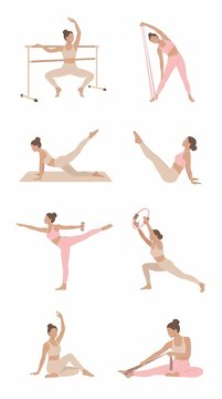 Women performing various pilates workout poses on barre and mat indoors
