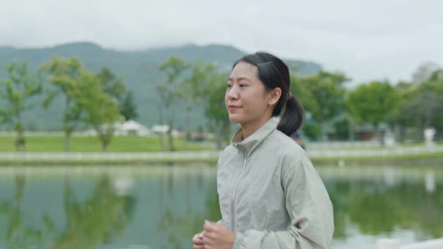 Close-up of a woman warming up with light jogging in place by a reservoir, showing outdoor fitness, movement preparation, healthy lifestyle and longevity.