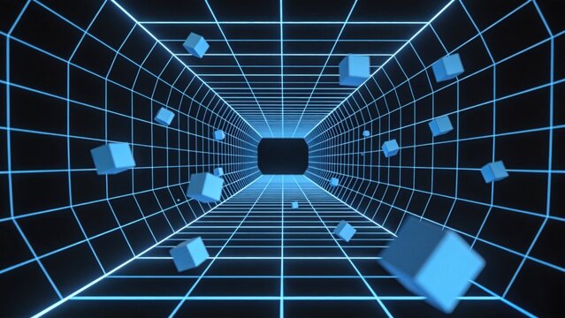 Blue grid tunnel with floating cubes