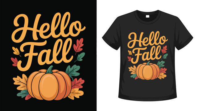 Hello fall typography pumpkin t shirt design isolated on black background