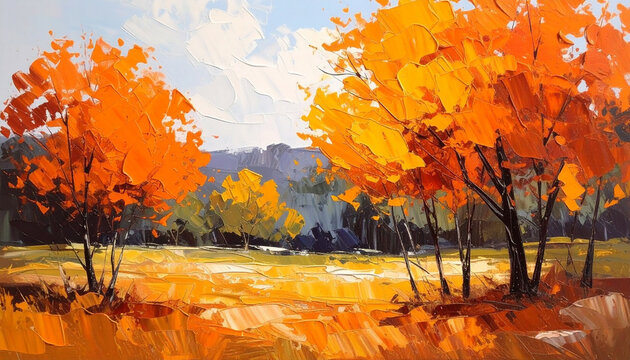 Acrylic style oil painting of natural autumn landscape with vibrant orange trees, thick textured brushwork and layered strokes. Hand drawn art.