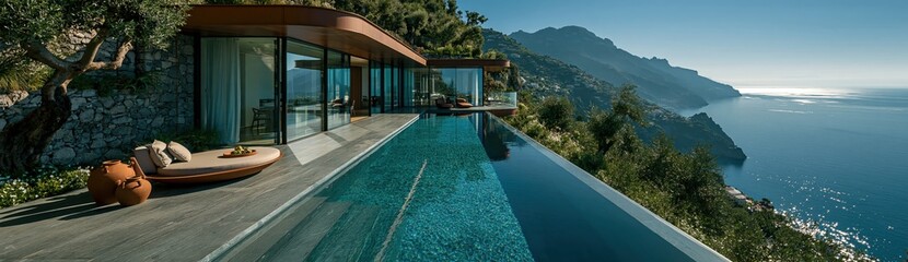 Fototapeta premium Luxury villa with infinity pool overlooking the stunning italian coastline, embracing elegant mediterranean living