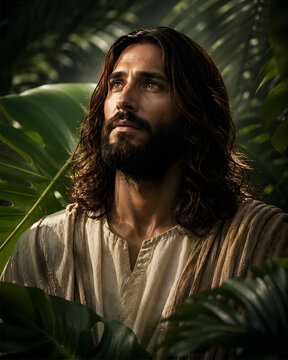 cinematic portrait of Jesus Christ with tropical leaves