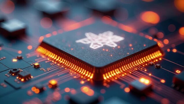 Close-Up of a Glowing Microchip with Circuitry Detail