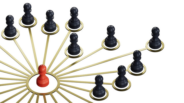 3D illustration of a golden compass rose with five pawns. Business strategy and guidance concept.Supports PNG files with transparent backgrounds.
