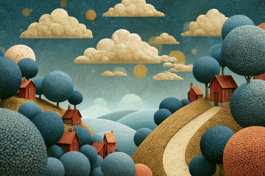 Stylized village landscape nestled among spherical blue trees under a cloud-filled night sky with pointillist textures for fairytale book covers