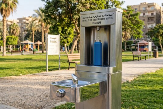 Modern public water bubbler with bottle filler for reducing plastic waste