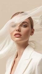 Fototapeta premium Elegant beauty portrait of a young woman with translucent fabric flowing across her face creating a refined fashion and skincare concept.