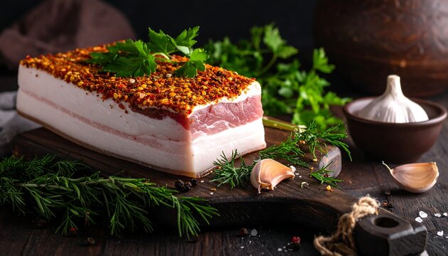 Seasoned Cured Pork Fatback Resting on Rustic Wooden Board in Dark Kitchen Setting