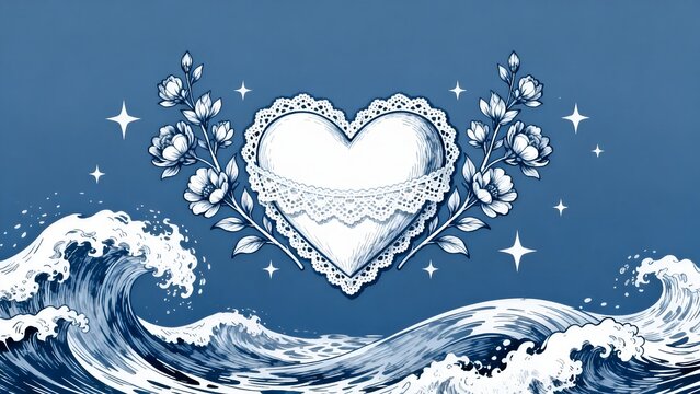 Heart with floral waves and stars
