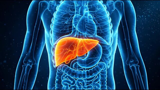 Human liver highlighted in orange within blue xray body scan. Medical anatomy concept of organ health, digestion and detoxification system. Internal structure background.