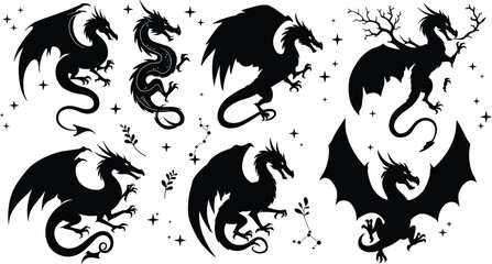 Fototapeta premium Set of six fantasy dragons with wings, stars, and plants, mythical creature silhouettes for tattoo, logo, and digital design