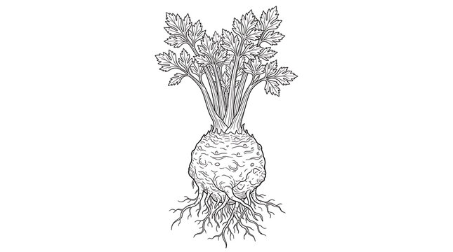 Celeriac root vegetable drawing in ink sketch style with celeriac vegetable illustration botanical ingredient nutrition vegetarian