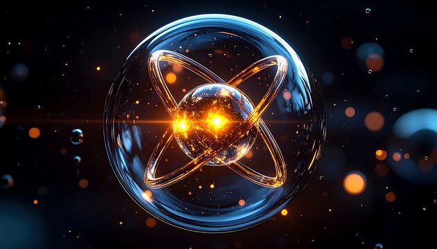 Atomic fusion reaction visualization with glowing protons and electrons in a transparent sphere, futuristic science graphic from microscopic viewpoint