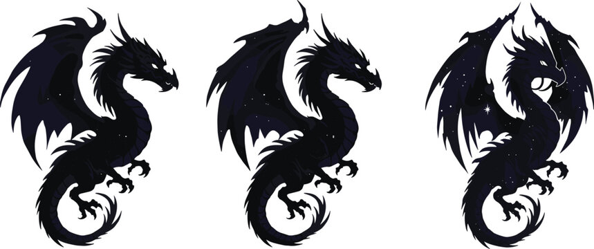 Three majestic black dragons with wings and cosmic stars, fantasy mythical creature design for tattoo, artwork, and digital illustration