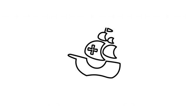 Minimalist outline animation of an old historic caravel sailing ship on ocean waves drawing on and fading out. Features a clean pop up style in 3 color setups.
