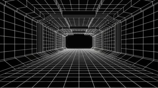 Futuristic perspective white wireframe grid on black background featuring abstract digital line floor with retro synthwave aesthetic for cyber virtual reality and electronic data visualization.
