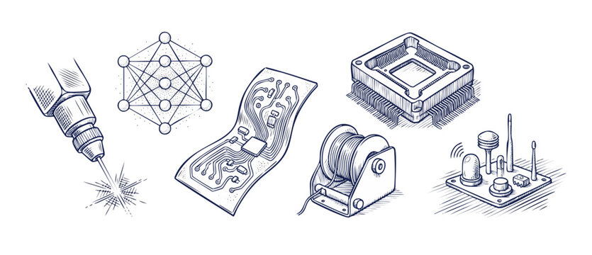 Microchip technology circuit hand drawn icons illustrating advanced hardware electronics manufacturing, engineering concepts, neural network, and laser fabrication in clean blue sketch line art.