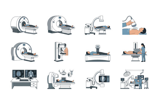 A collection of medical imaging equipment and diagnostic technology illustrations.