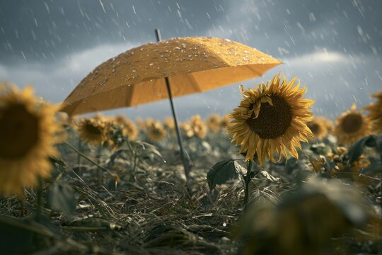 Yellow umbrella sheltering sunflower in rainy field with cinematic lighting and bokeh for insurance and protection marketing
