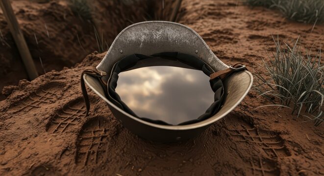 Soldier's Discarded Helmet with Sky Reflection in Muddy Ground