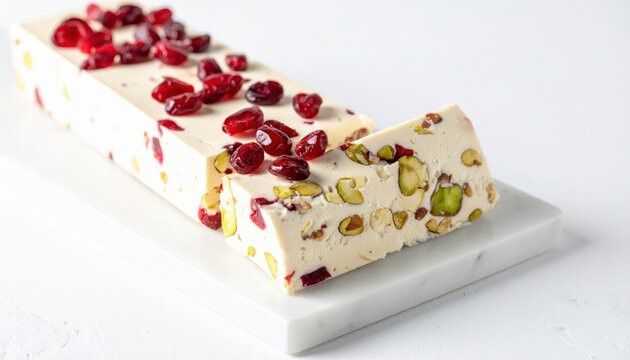Pearly white nougat studded with dried cranberries and pistachios, sliced neatly