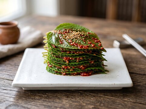 Finely layered perilla leaf kimchi on a white ceramic platter