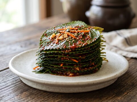 Finely layered perilla leaf kimchi on a white ceramic platter