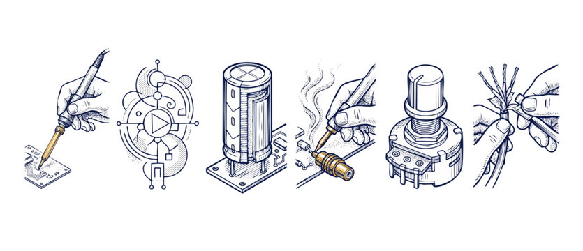 Electronics soldering repair icon set illustrations of hands working on circuit board components including capacitor, audio jack, potentiometer and wiring in a clean technical line art drawing banner.