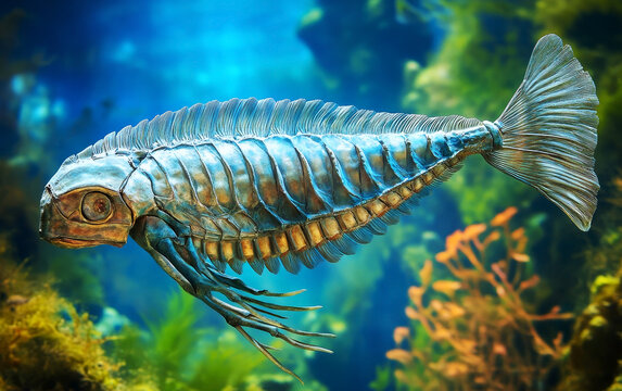 Fantasy prehistoric armored fish with skeletal plates swimming in a vibrant underwater reef