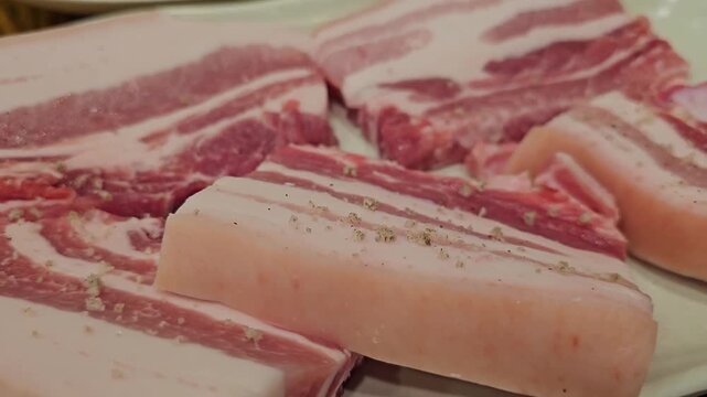 Raw pork belly meat from a Korean meat restaurant

