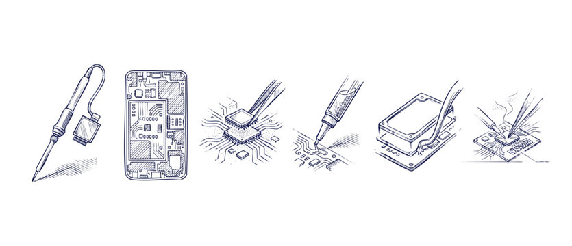 Smartphone repair illustration step-by-step schematics showing soldering iron, microchip replacement, motherboard assembly, and circuit board engineering line art on a clean white background.