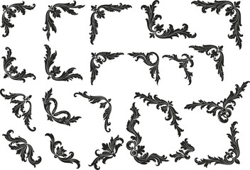Fototapeta premium Vintage floral corner ornament set, black baroque decorative frame design, elegant antique scroll border elements, classic retro vector art
