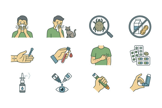 A collection of medical icons illustrating allergy symptoms testing and treatment methods.