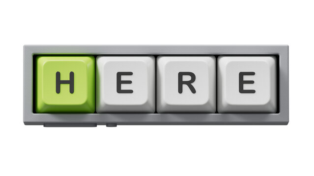 Here.Computer keyboard keys spelling.Flat lay view from above on Computer keyboard keys buttons.IT technology concept.Supports PNG files with transparent backgrounds.