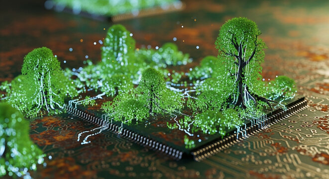 Green trees grow on a computer circuit board with glowing roots