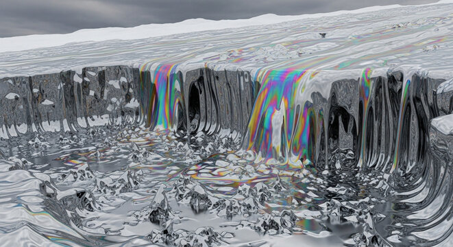 Melting glacier with rainbow colors flowing into icy water