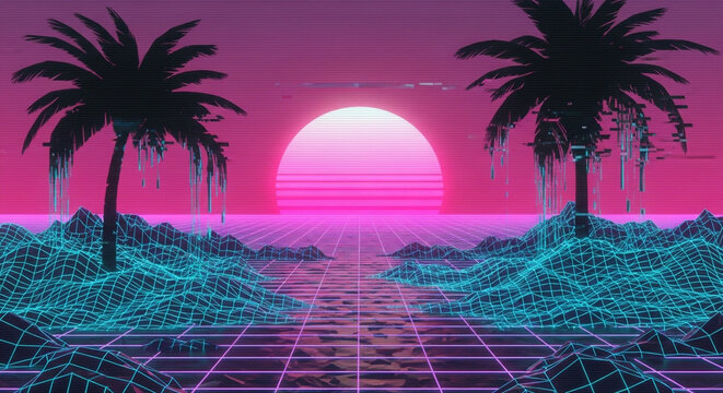 Retro futuristic landscape with neon palm trees and grid mountains