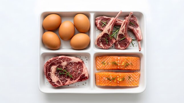 Top view of raw food ingredients including eggs, lamb chops, ribeye steak, and salmon fillets in a white divided tray, isolated on white background