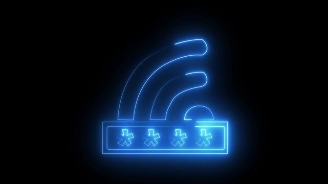 Neon Wi fi locked sign icon isolated on black background. Password wifi symbol. Wireless Network icon. Wi-fi zone. Limited access. internet security icon 4k 