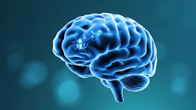 Glowing blue human brain model on dark background
