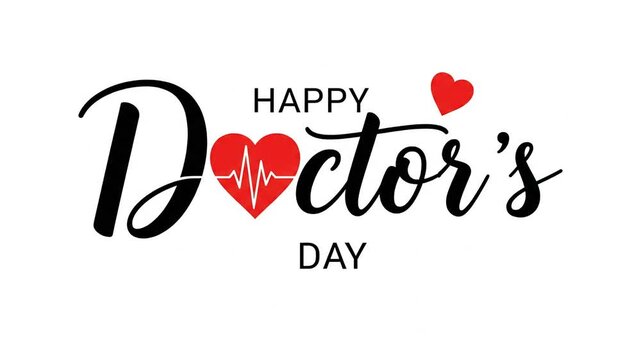 Happy Doctor's Day graphic with stylized text and red hearts on a white background, featuring a heartbeat line for medical celebrations.