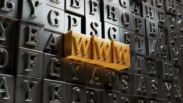 WWW website url of three words on Movable type printing block, minimal background concept for internet connection, magnifier.Business Concept.3D rendering.