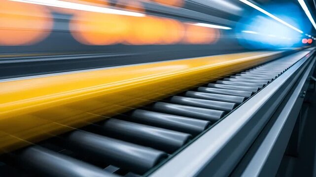 Yellow Object Moving Fast Along an Automated Industrial Roller Conveyor